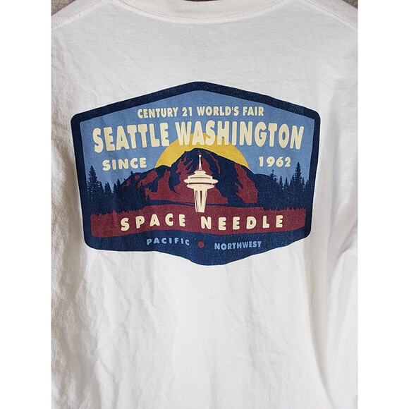 SPACE NEEDLE Off White Cream SEATTLE WASHINGTON Long Sleeve T-Shirt SZ L - Picture 3 of 9